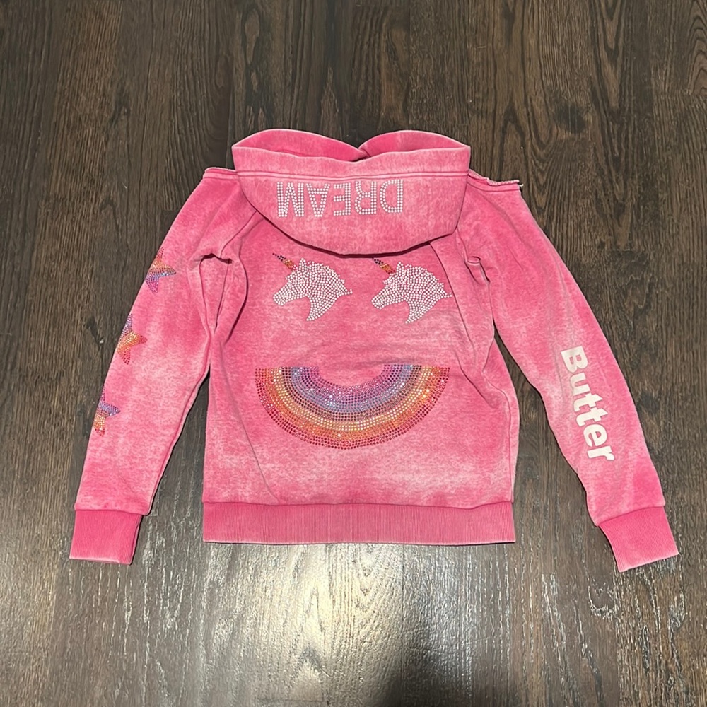 Girls pink butter sweater with cut out shoulders